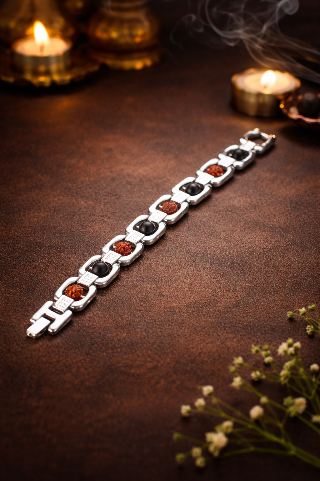 Metal Rudraksha and Karungali Bracelet - Silver